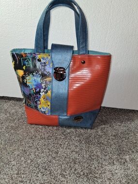 Rare JMK Custom Made Teal Cork Tote Bag Colorful Zipper Pocket Handbag Blue